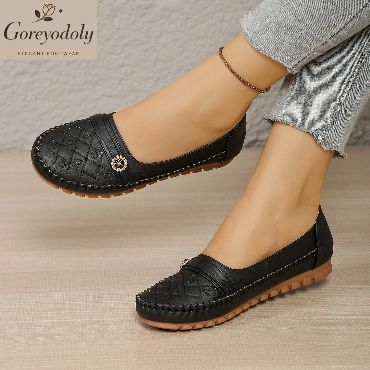 Goreyodoly Women Loafers Quilted Pattern Slip on Flats Soft Leather Lightweight Breathable Casual Walking Shoes Non Slip Sole