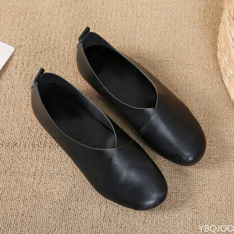 2022 Genuine Leather Flat Shoes Woman Hand-Sewn Leather Loafers Cowhide Flexible Spring Casual Shoes Women Flats Women Shoes