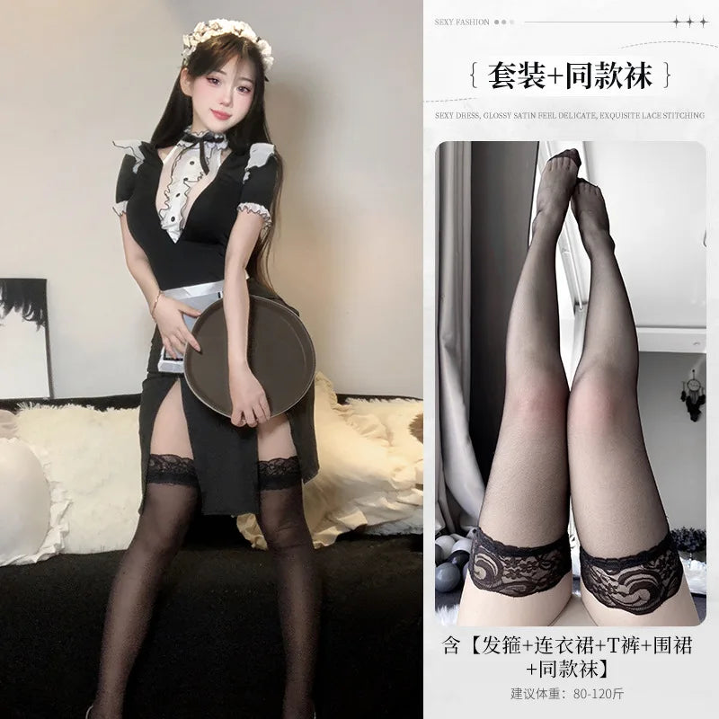 Japanese Anime Cafe Girl Cosplay Costume Maid Costume Fashion Sexy Lolita Dress with French Apron Maid Underwear Bar Uniform New