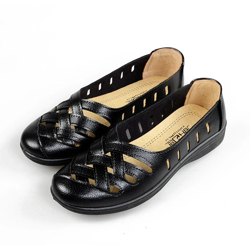 Woven Leather Loafers Women'S Braided Flats Autumn Shoes Cross Tied Women Summer Hollow Breathable Shallow Shoes Female Loafers