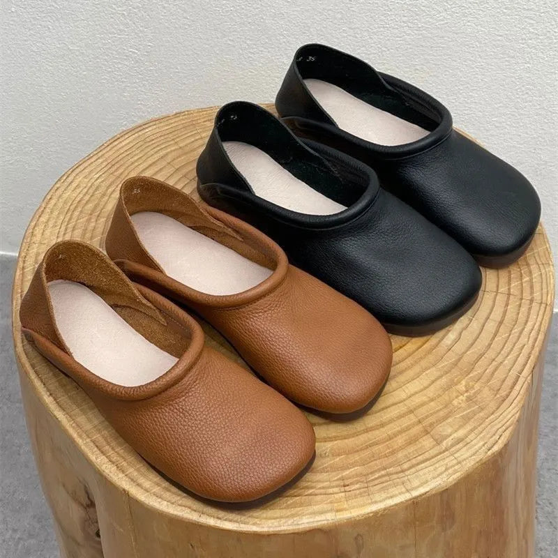 2025 Autumn New Woman round Flat Shoes Simple Retro Women'S Casual Shoes Fashion Versatile Women Leather Shoes Zapatos De Mujer