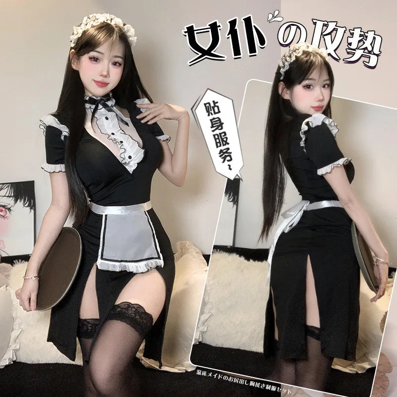 Japanese Anime Cafe Girl Cosplay Costume Maid Costume Fashion Sexy Lolita Dress with French Apron Maid Underwear Bar Uniform New