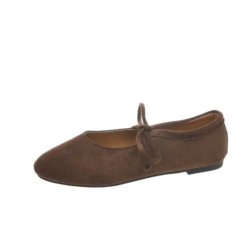 Casual Flat Shoes Women'S round Toe Shallow Suede Front Lace-Up Soft Sole Anti-Slip Wear-Resistant Low-Top Single Shoes