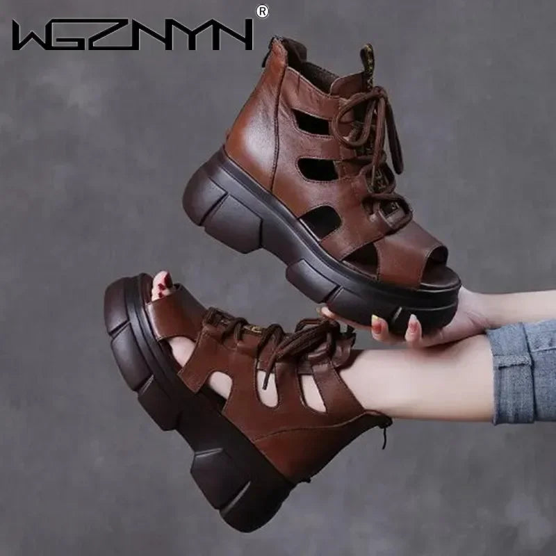 2025 Summer Outdoor Breathable Ladies Retro Sandals Platform High Top Luxury Design Fashion Laces Boots Open Toe Soft Sneaker