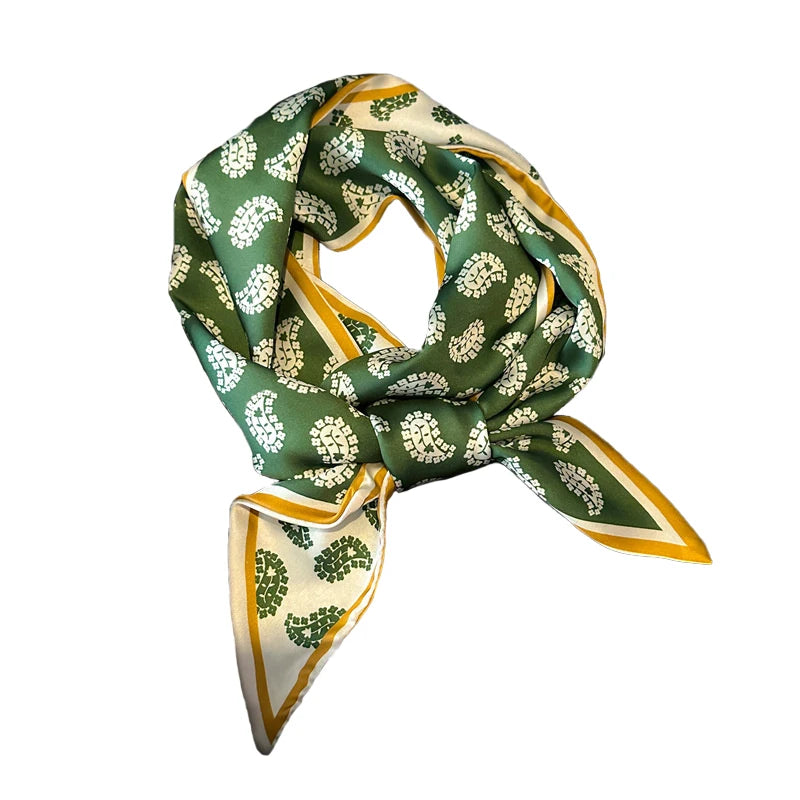 Green Paisley Pattern Small Silk Scarves for Women Long Narrow Silk Feel Double-Sided Scarf Lady Headband Shawl Hairband