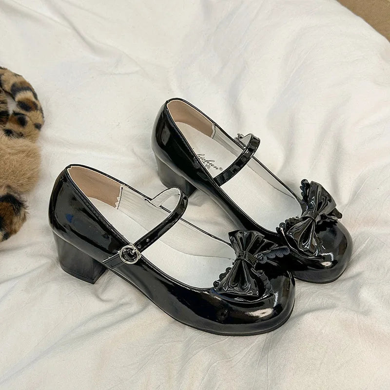 2026Women Pumps Lolita Style Cute round Head Jane Shoes Women Bow Sweet Party Dress Midi Heels Shoes New Fashion Heels Women