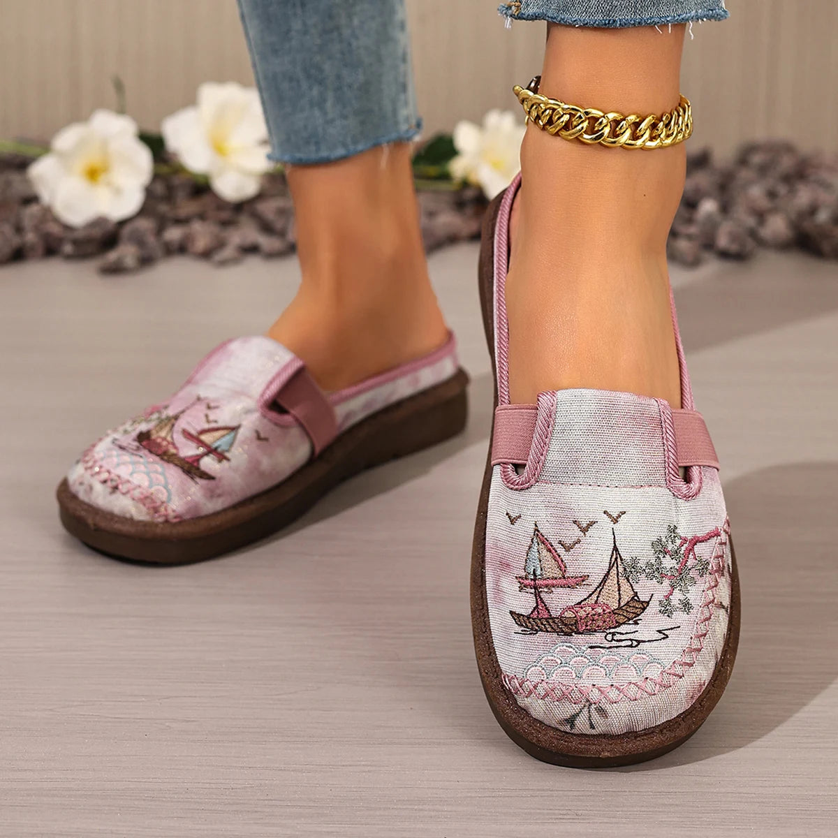 Embroidered Sailing Mule Slides for Women - Comfortable Casual Flat Shoes with Vintage Nautical Print