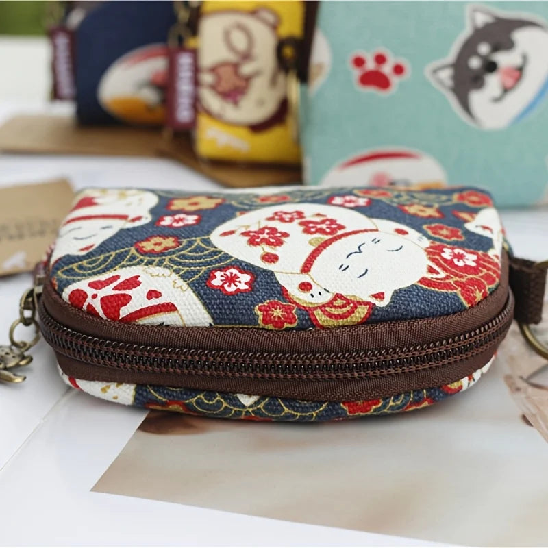 Women'S Canvas Cartoon Prints Keychain Wallet Small Card Organizer Key Pouch Ladies Money Bag Coin Purse for Children Girls Boys