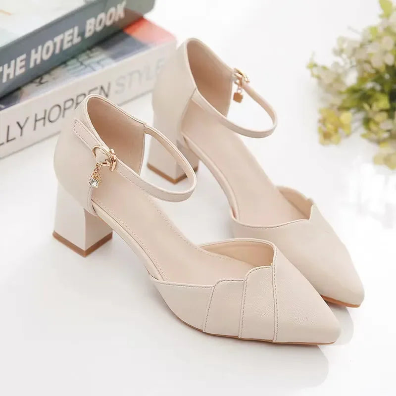 Sapatos Femininas Women Fashion Sweet Point Toe Black Patent Leather Buckle Strap Square Heel Shoes Lady Beige Work Shoes Ca390