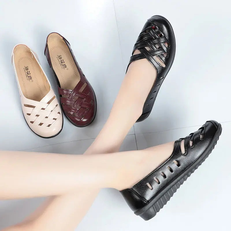 Woven Leather Loafers Women'S Braided Flats Autumn Shoes Cross Tied Women Summer Hollow Breathable Shallow Shoes Female Loafers