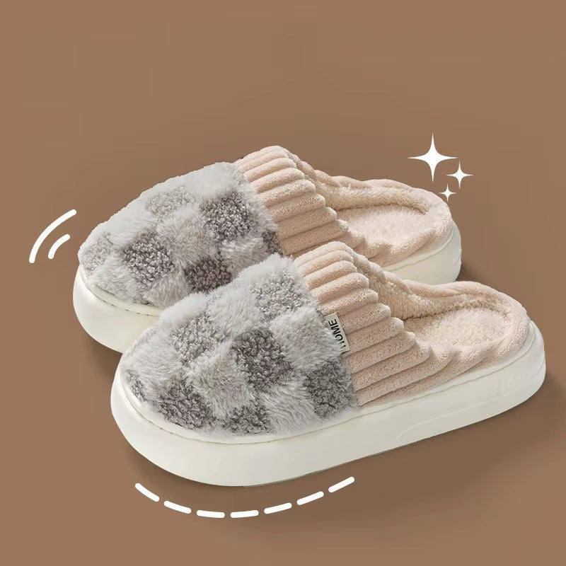 Fashion Couple Winter Slides Warm Plaid Fluffy Slippers Soft Sole Flip Flops for Women and Men Home Indoor Non-Slip Cotton Shoes