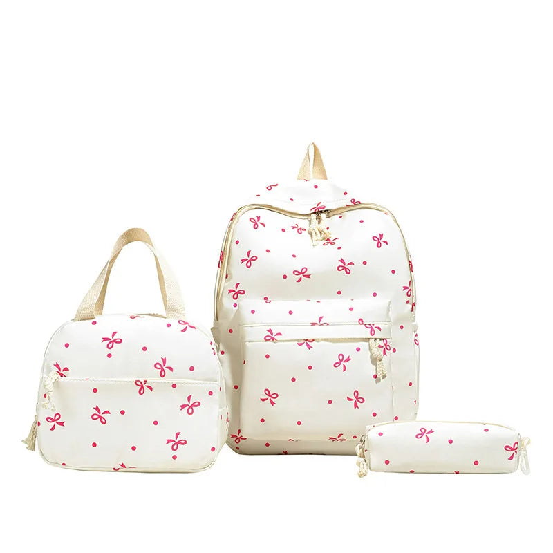 3-Piece Bow Print Backpack Set for Women Matching Crossbody Bag&Handbag&Pencil Case Multi-Pocket Lightweight School Bundle