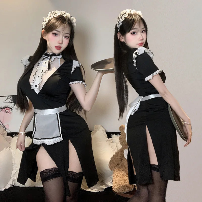 Japanese Anime Cafe Girl Cosplay Costume Maid Costume Fashion Sexy Lolita Dress with French Apron Maid Underwear Bar Uniform New