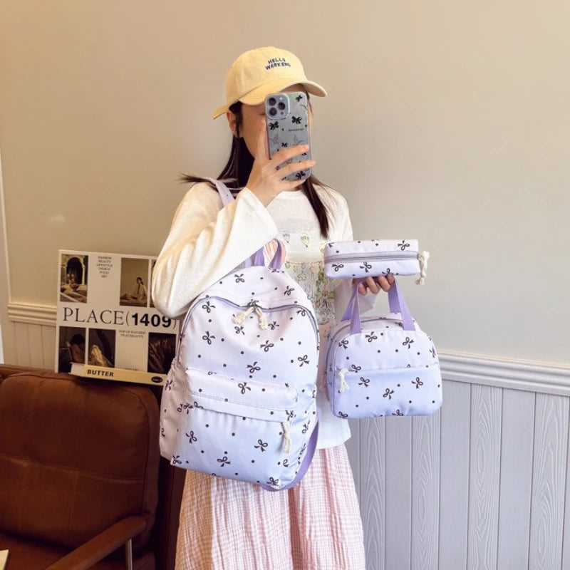 3-Piece Bow Print Backpack Set for Women Matching Crossbody Bag&Handbag&Pencil Case Multi-Pocket Lightweight School Bundle