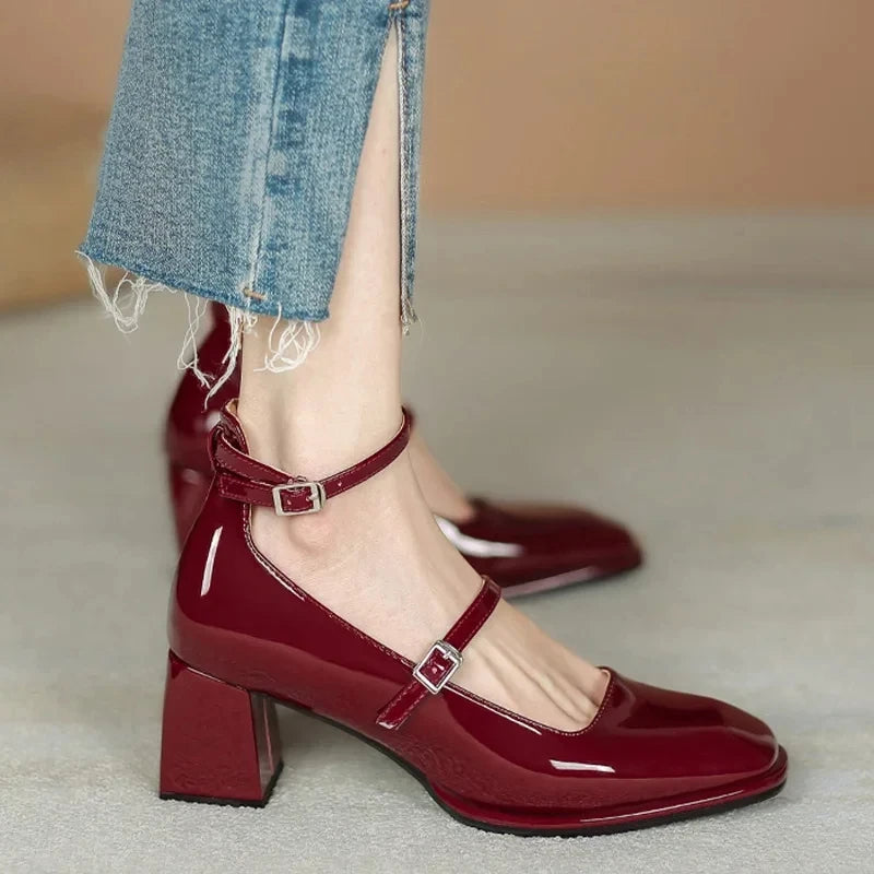 2025 New Women'S Mary Janes Shoes High Quality Leather Shoes for Women Square Toe Shallow Buckle Strap Women'S Shoes Sandalias