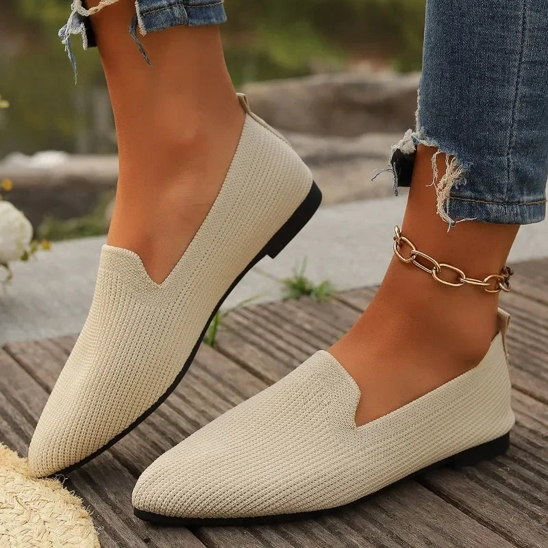 Women Solid Color Pointed Head Mesh Loafers Shallow Woman Soft Bottom Knit Ballet Flat Shoes Female Casual Slip on Boat Shoes