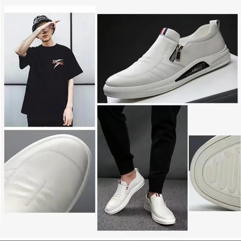 Casual PU Leather Shoes for Men Trend Brand Loafers Summer Zip Flat Man'S Sneakes Business Comfortable Moccasins Tenis Masculino