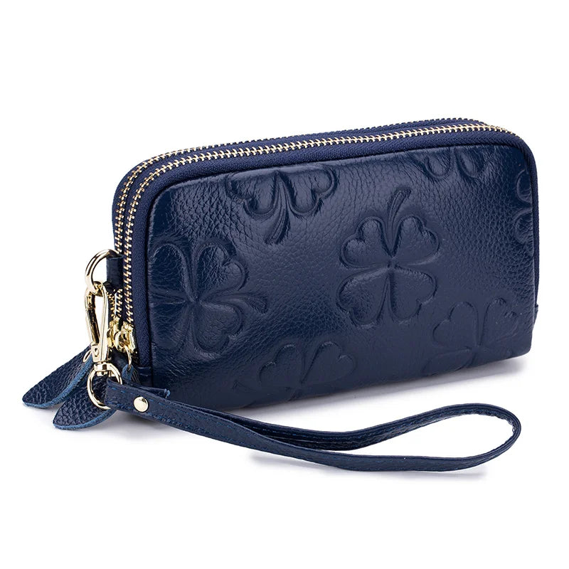 Real Leather Women Long Wallet Ladies Double Zipper Coin Purse Four-Leaf Clover Card Holder Female Cute Money Bag Luxury Clutch
