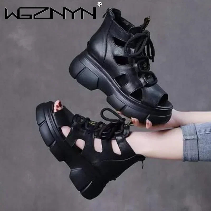 2025 Summer Outdoor Breathable Ladies Retro Sandals Platform High Top Luxury Design Fashion Laces Boots Open Toe Soft Sneaker