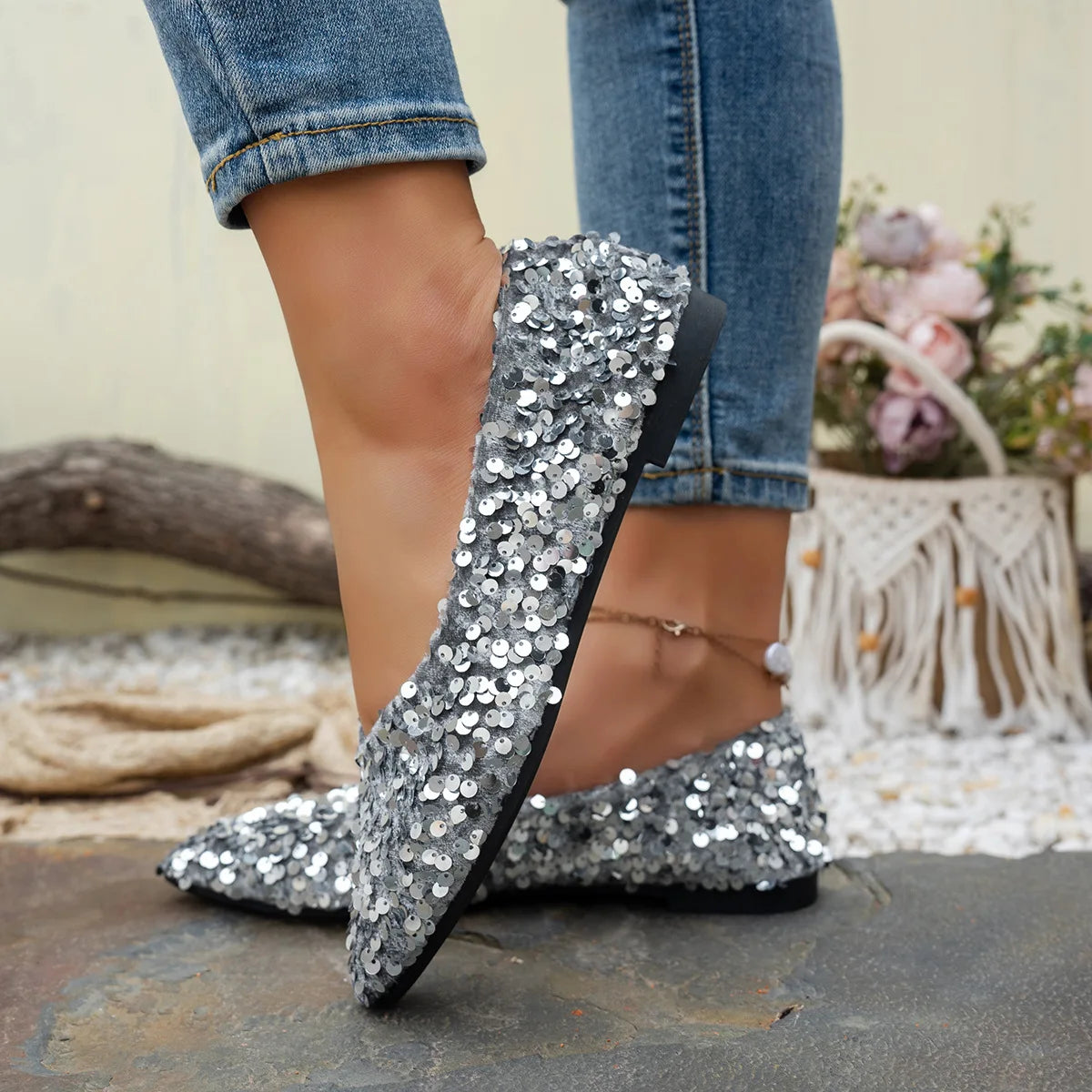Sequin Designer Spring New Style Fashion round Toe Non-Slip Flat Shoes Casual Comfortable Shallow Mouth Women'S Loafers