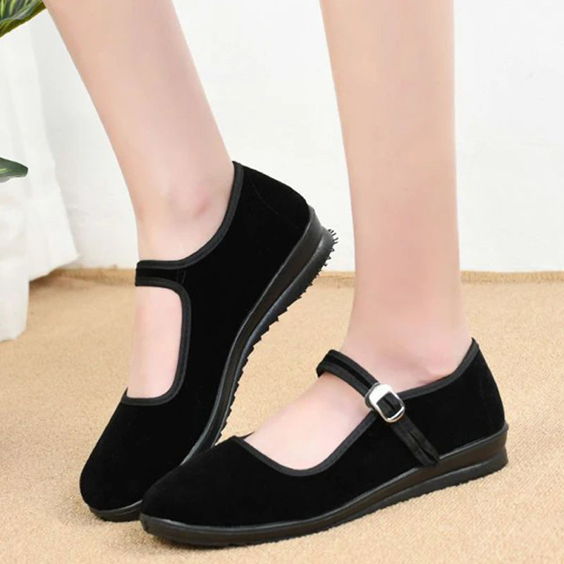 Black Mary Jane Shoes for Women China Dance Flat Old Beijing Cloth Walking Shoes Cotton Flats Yoga Exercise Dance Shoes