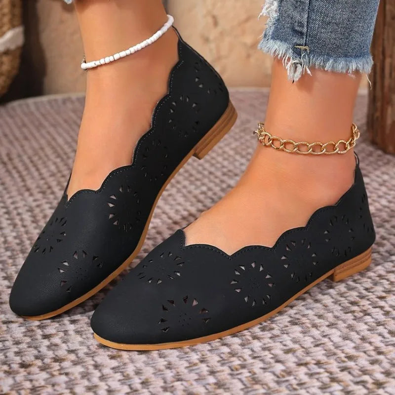2026 Women Flat Shoes Genuine Leather Woman Pointed Toe Flats Summer Lady Hollow Out Loafers Women Shoes