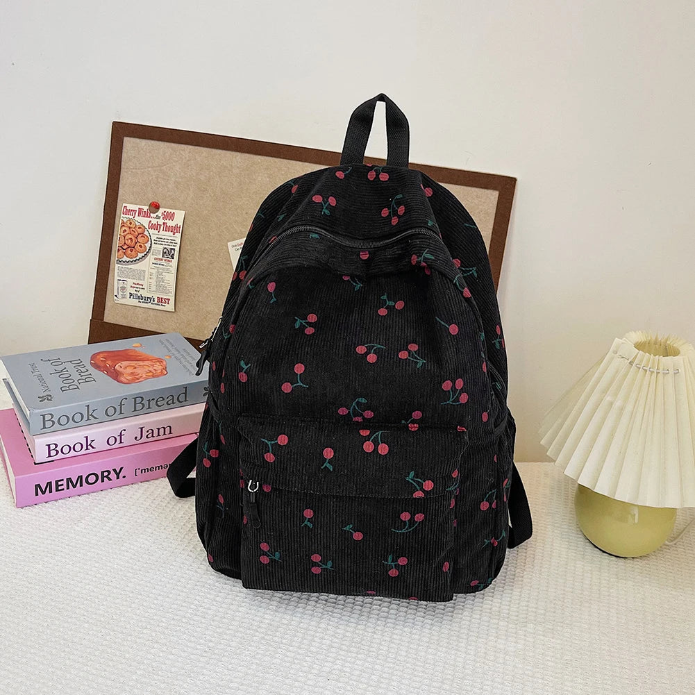 Corduroy Backpack Cherry Pattern Women Travel Daypack Adjustable Strap Laptop Backpack Zipper for Work Shopping School