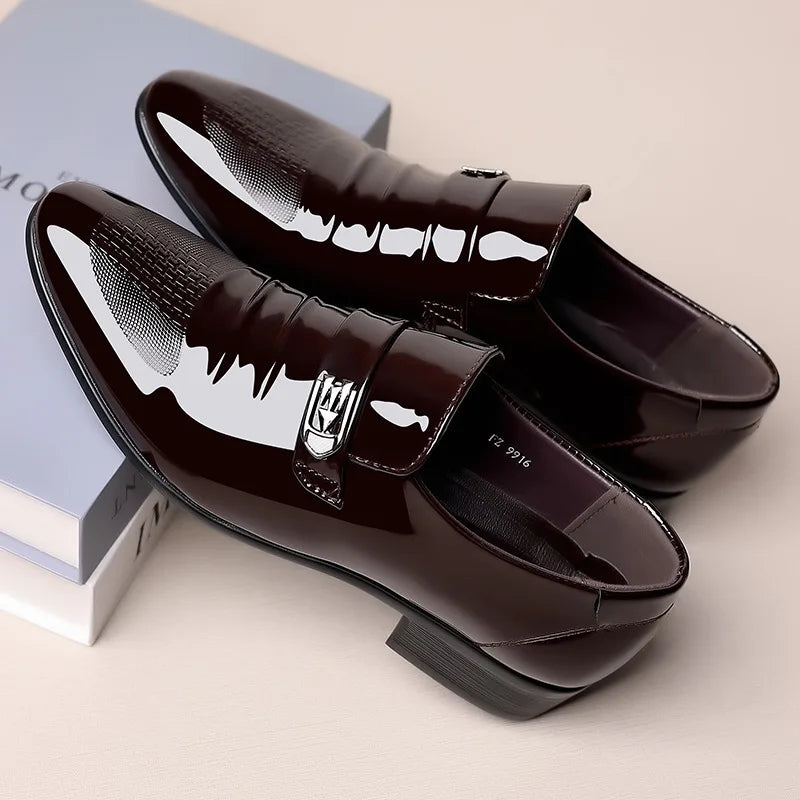 High-End Mens Dress Shoes High Gloss Patent Slip on Loafers Formal Business Oxford Casual Driving Pointed Toe Boat Shoe for Men