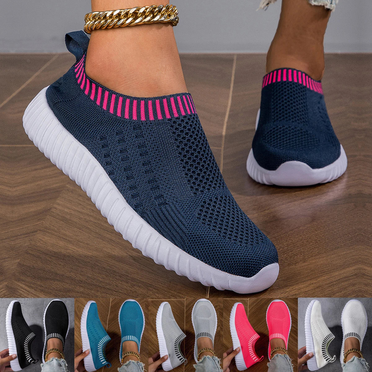 Women'S Breathable Knit Sneakers, Casual Lace up Outdoor Shoes, Lightweight Mesh Low Top Shoes