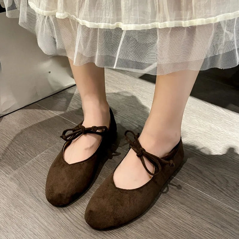 Casual Flat Shoes Women'S round Toe Shallow Suede Front Lace-Up Soft Sole Anti-Slip Wear-Resistant Low-Top Single Shoes