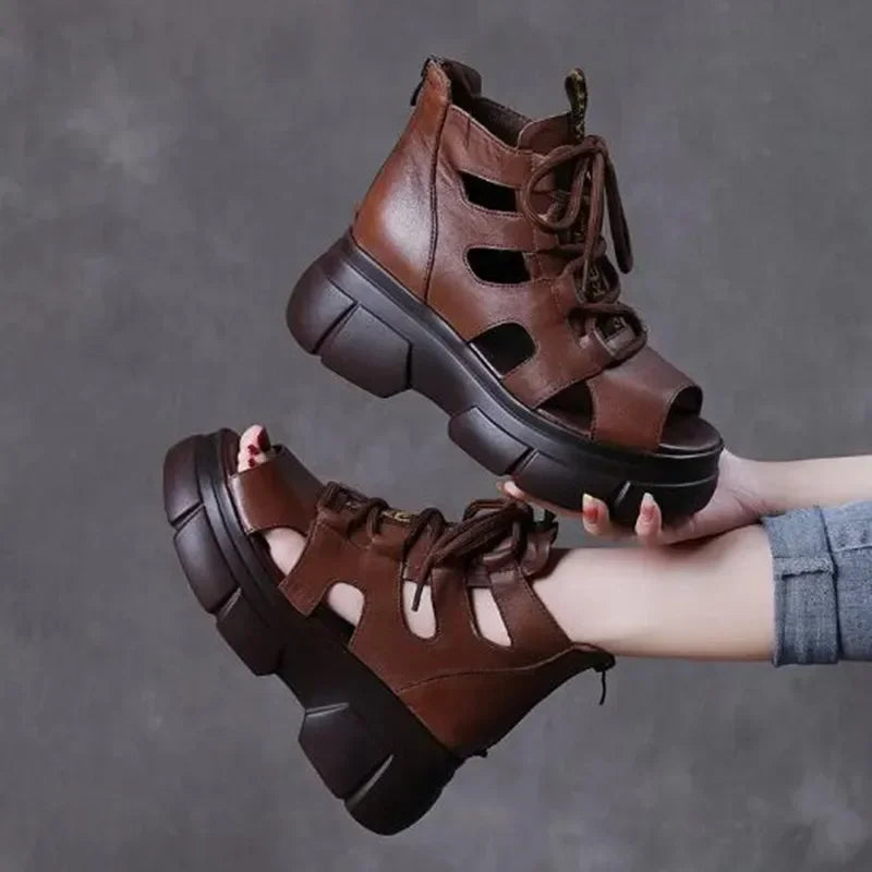 2025 Summer Outdoor Breathable Ladies Retro Sandals Platform High Top Luxury Design Fashion Laces Boots Open Toe Soft Sneaker