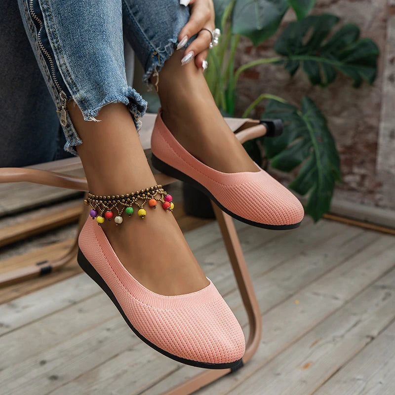 Round Toe Flats for Women Comfortable Knit Ballet Flat Shoes Casual Slip on Shallow Shoes Office Boat Shoes plus Size Moccasins