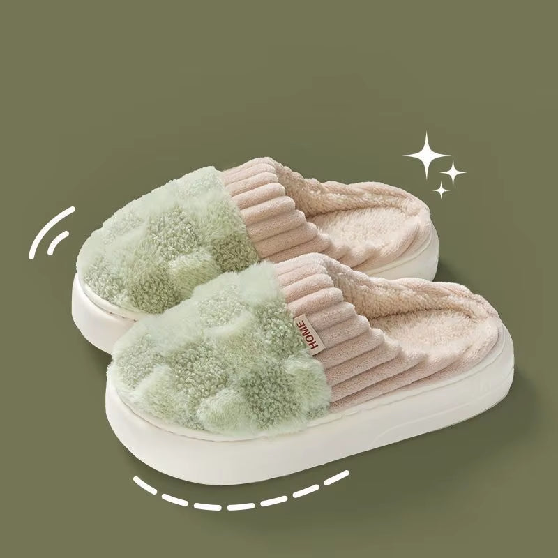 Fashion Couple Winter Slides Warm Plaid Fluffy Slippers Soft Sole Flip Flops for Women and Men Home Indoor Non-Slip Cotton Shoes