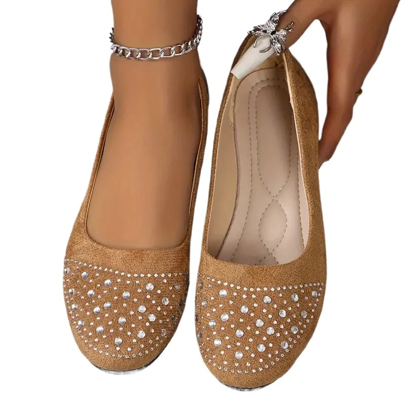Women Flats Shiny Crystal Shallow Loafers Women Lightweight Non-Slip Ballet Flats Luxury Flock Soft Sole Walking Shoes for Women