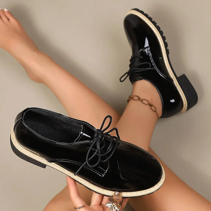Shoes for Women High Quality Patent Leather Casual Shoe British Style Leather Shoe Lace up Oxford Shoes for Women Casual Loafers