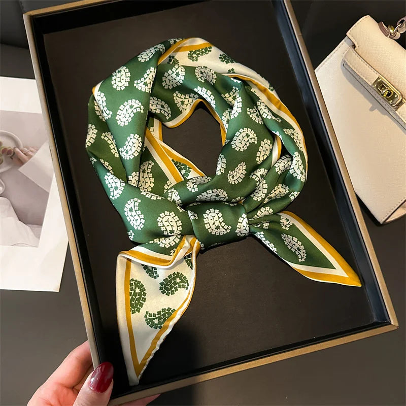 Green Paisley Pattern Small Silk Scarves for Women Long Narrow Silk Feel Double-Sided Scarf Lady Headband Shawl Hairband