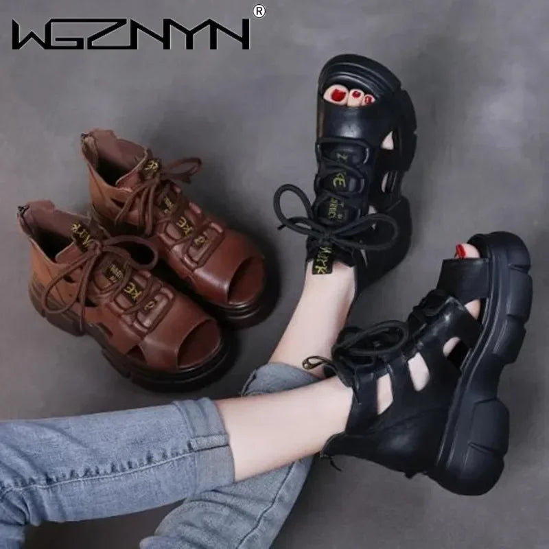 2025 Summer Outdoor Breathable Ladies Retro Sandals Platform High Top Luxury Design Fashion Laces Boots Open Toe Soft Sneaker