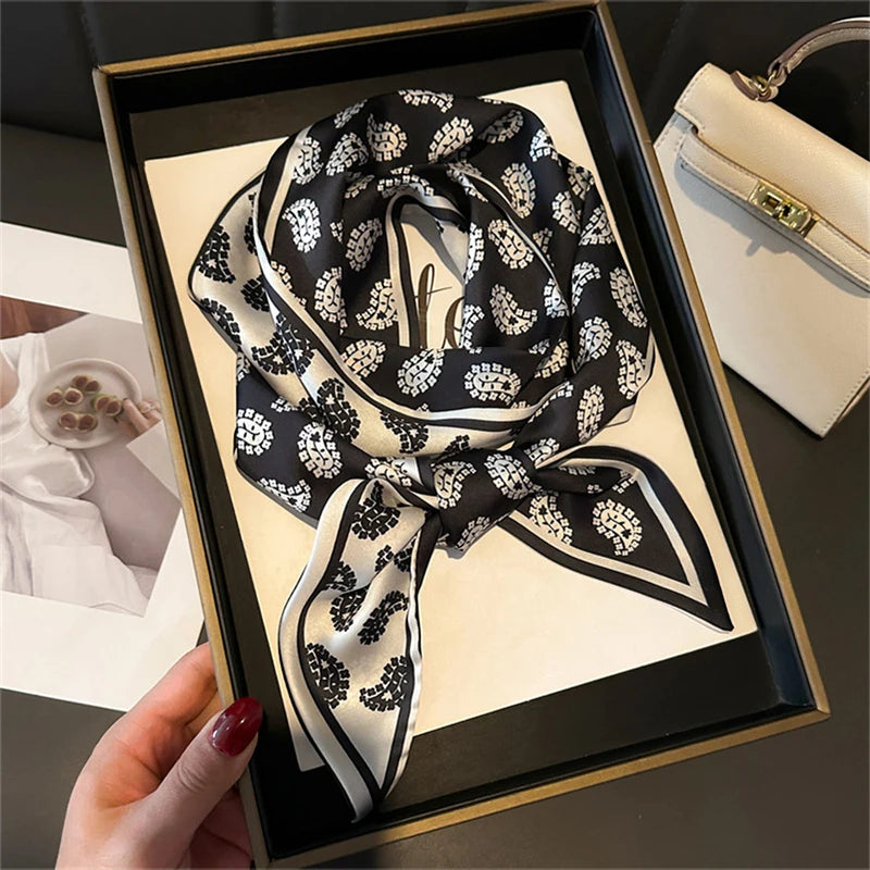 Green Paisley Pattern Small Silk Scarves for Women Long Narrow Silk Feel Double-Sided Scarf Lady Headband Shawl Hairband