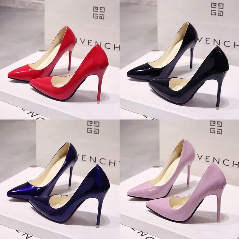 Nude Pumps for Women High Heel Shoes Female Fashion Patent Leather Sexy Pointed Toe Thin Heel Wedding Shoes plus Size 34-44