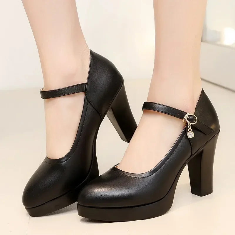 High Heels Platform Pumps Mujer 2022 Spring New Fashion Buckle Solid Black Shoes Woman PU Leather Waterproof Shoes Femme