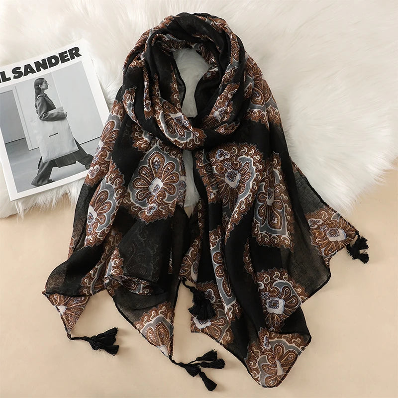 2023 Fashion Paisley Abstract Floral Tassel Viscose Shawl Scarf Lady High Quality Wrap Thin Pashmina Stole Muslim Hijab 180*90Cm