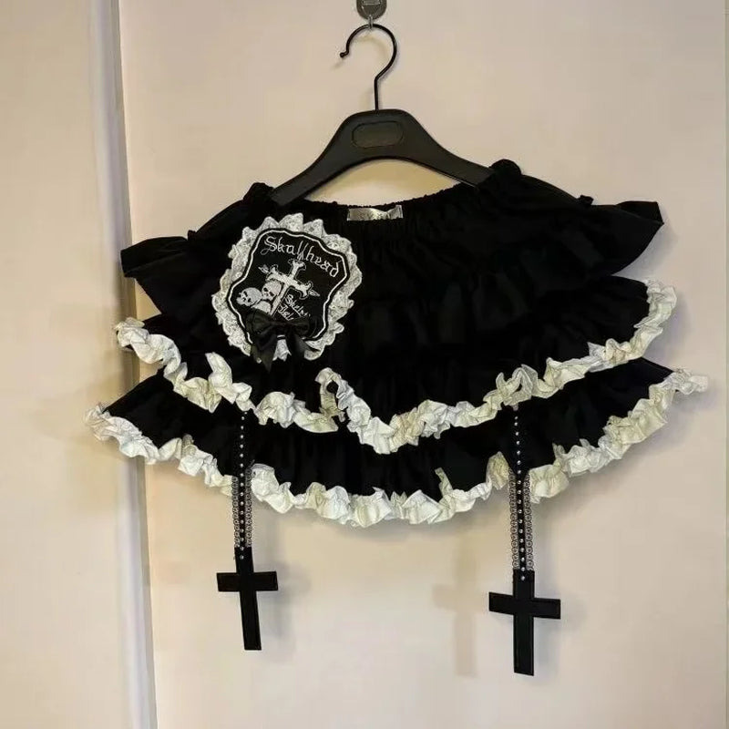 Y2K Gothic Punk Black White Short Skirt Women Hot Chick Darkly Polka Dot Ruffle Cake Skirt Female Sweet Chic Lolita Lace Skirts