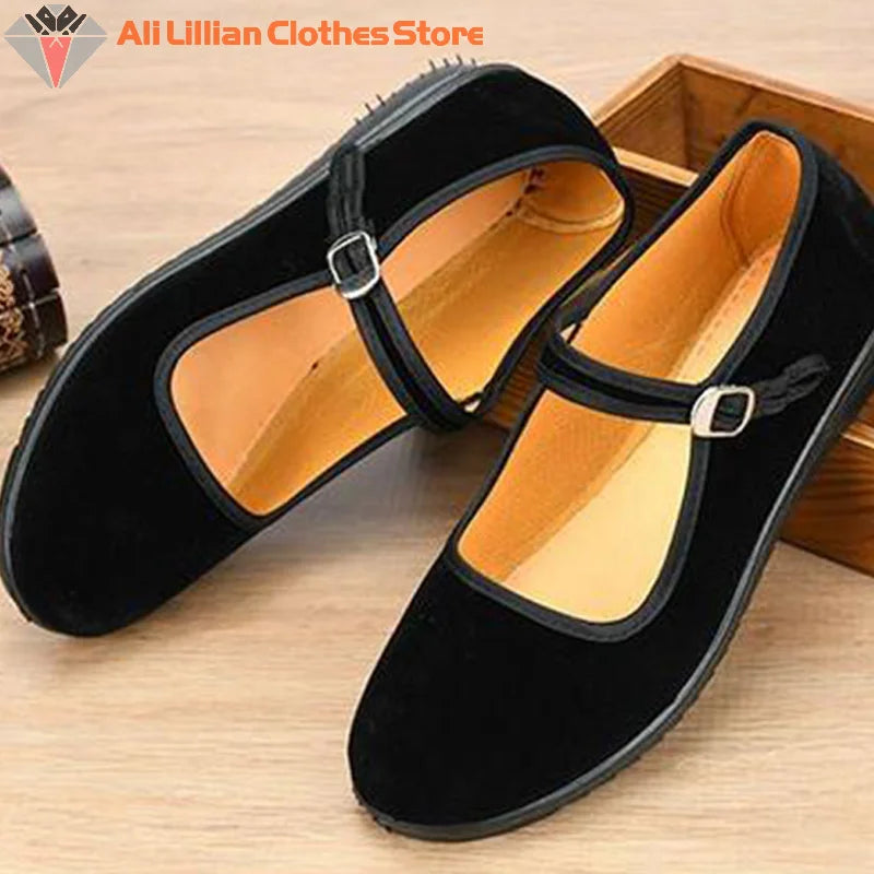 Black Mary Jane Shoes for Women China Dance Flat Old Beijing Cloth Walking Shoes Cotton Flats Yoga Exercise Dance Shoes