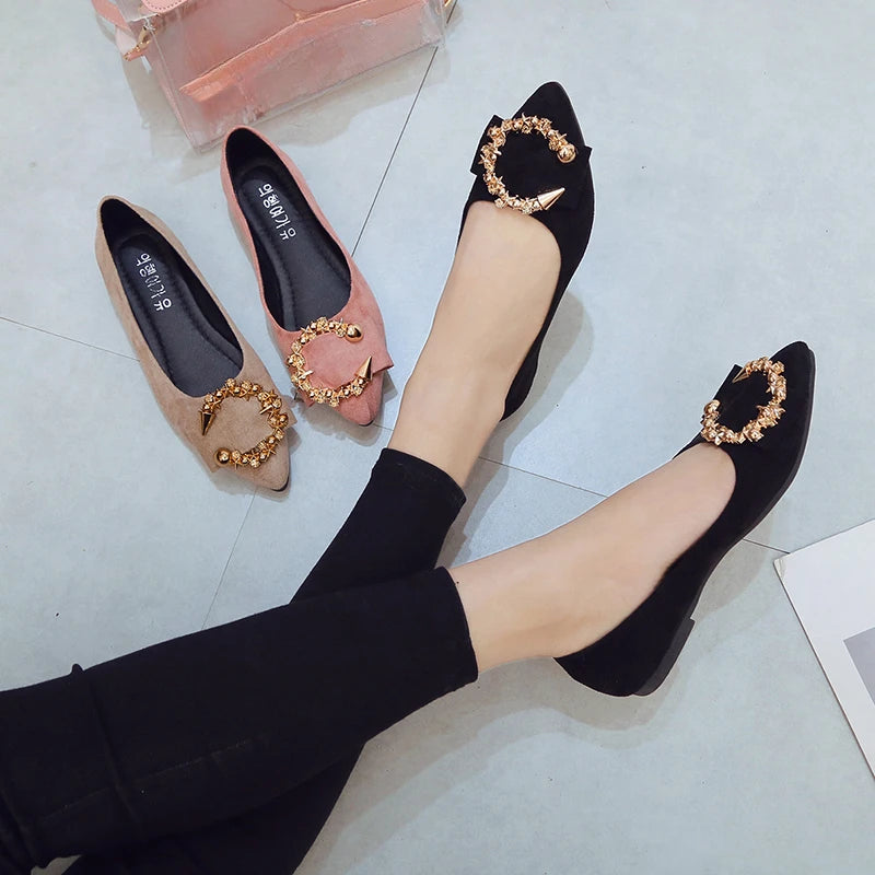 Spring and Autumn Casual Fashion Pointed Toe Comfortable Non-Slip Wear-Resistant Simple Metal Decorative Women'S Shoes